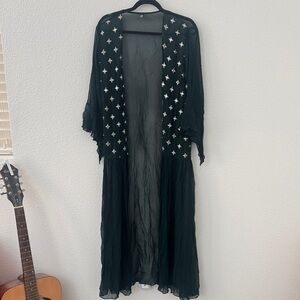 Womens Sheer Emerald Green Long Open Front Maxi Cardigan S/M Sequin Whimsigoth